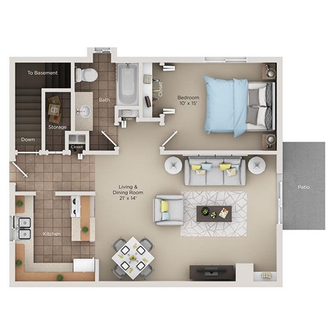 A floor plan of a small apartment with a living room, kitchen, bathroom, and bedroom.
