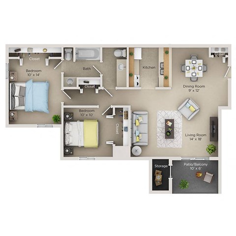 floor plan of a 2 bed 1.5 bath apartment