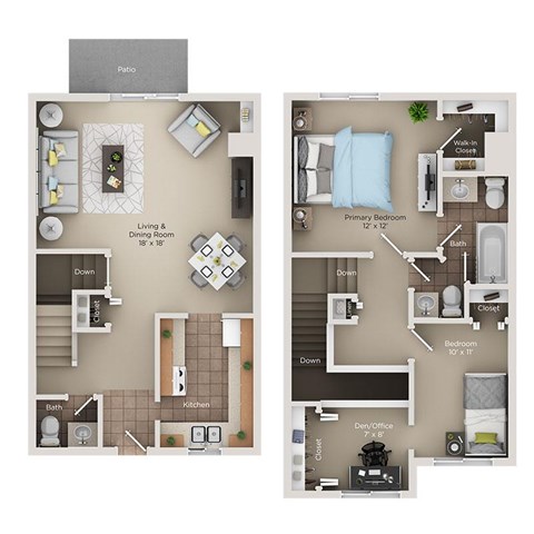 A floor plan of a two-bedroom apartment with a living room, dining room, kitchen, bathroom, and den/office.
