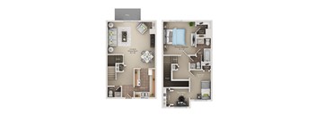 A floor plan of a two-bedroom apartment with a living room, dining room, kitchen, bathroom, and den/office.