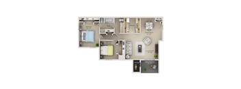 A floor plan of an apartment with two bedrooms, a living room, a dining room, a kitchen, a bathroom, a closet, and a storage area.