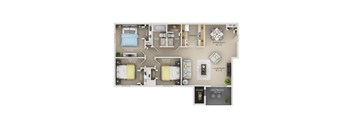 A floor plan of an apartment with a living room, two bedrooms, a bathroom, a kitchen, a dining room, and storage space.