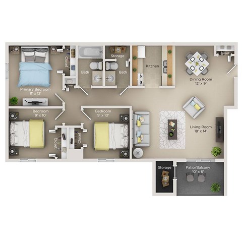 A floor plan of an apartment with a living room, two bedrooms, a bathroom, a kitchen, a dining room, and storage space.