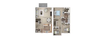 A floor plan of a two-bedroom apartment with a dining area and a kitchen.