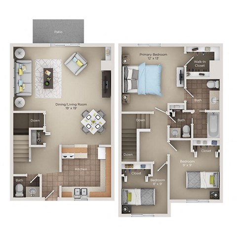 A floor plan of a two-bedroom apartment with a dining area and a kitchen.