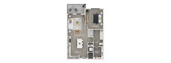 A floor plan of a small apartment with a balcony, bedroom, living room, kitchen, bathroom, and walk-in closet.
