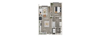 A floor plan of a house showing a living room, kitchen, laundry, and bedrooms.