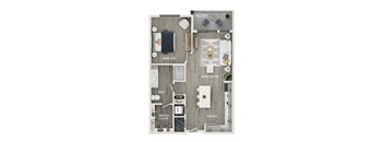 A floor plan of a small apartment with a balcony, bedroom, living room, kitchen, bath, and walk-in closet.