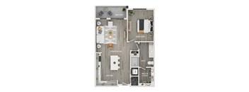 A floor plan of a house with a living room, kitchen, bedroom, and bathroom.