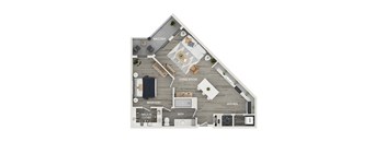 A floor plan of a house with a balcony, living room, kitchen, bedroom, bathroom, and walk-in closet.