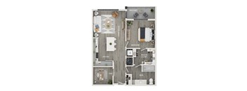 A floor plan of a house showing the layout of the living room, kitchen, dining room, bedroom, bathroom, and walk-in closet.
