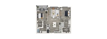 A floor plan of a house with a balcony, two bedrooms, a living room, a kitchen, a bath, and a walk-in closet.
