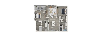 A floor plan of an apartment with a balcony, living room, kitchen, and bathrooms.