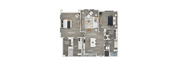 A floor plan of a house showing a living room, kitchen, two bedrooms, and two bathrooms.