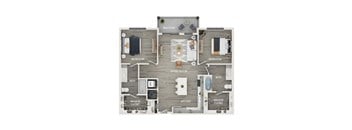 A floor plan of a house showing the layout of the bedrooms, living room, kitchen, and bathrooms.