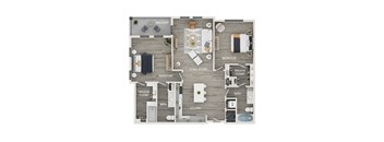 A floor plan of a house showing a living room, kitchen, two bedrooms, a bathroom, and a balcony.