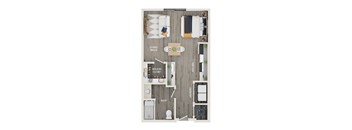 A floor plan of a small apartment with a living space, kitchen, bathroom, and laundry room.