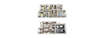 A top and bottom floor plan of a house with two bedrooms, two bathrooms, a living room, a kitchen, and two parking spaces.