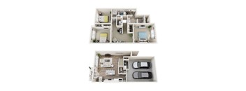 A top and bottom view of a small apartment layout.