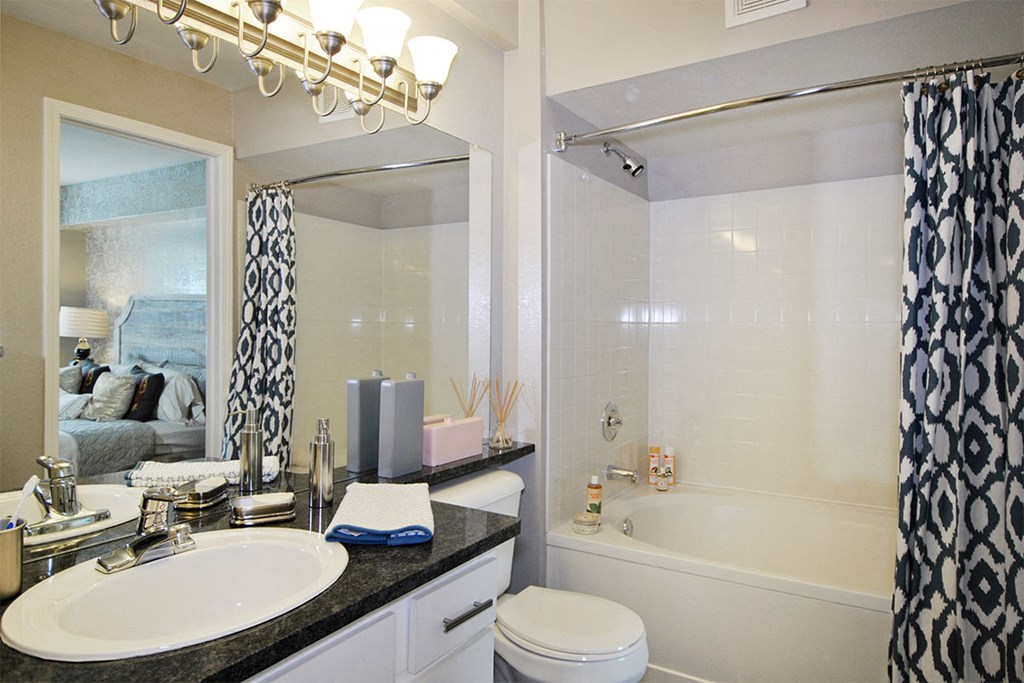 a bathroom with a sink and a tub and a mirror