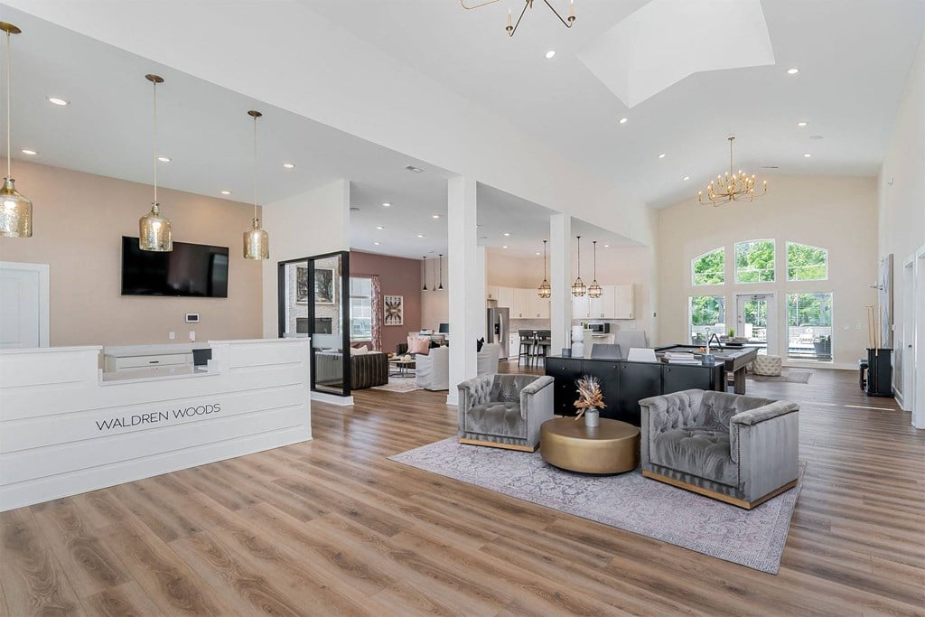a living room with a couch and a table