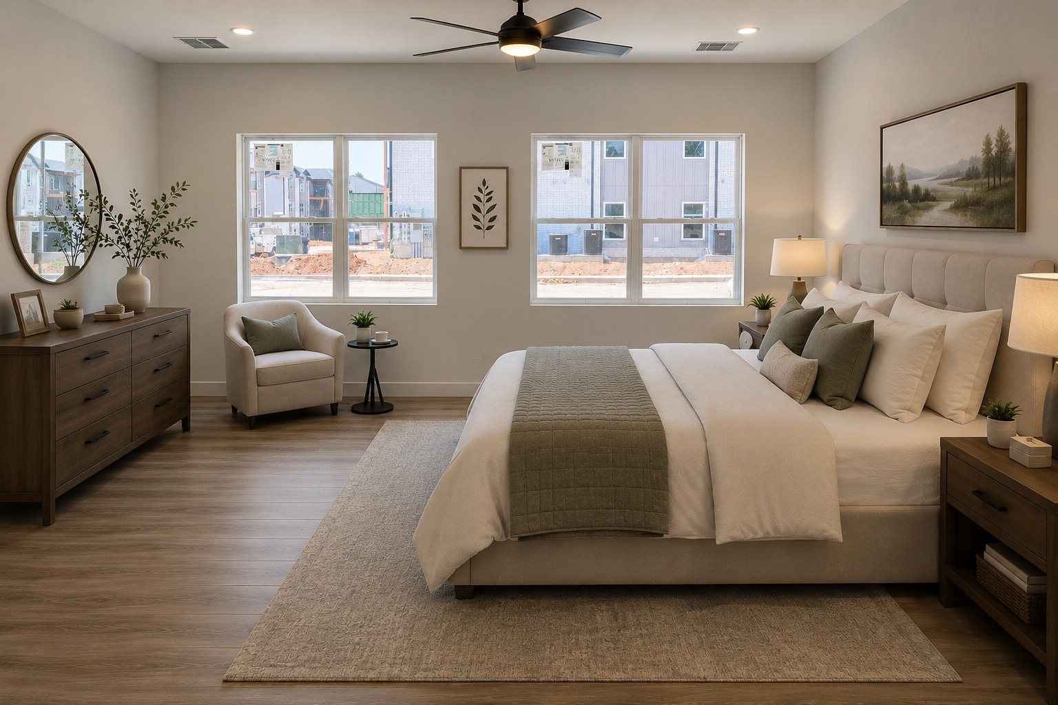 A bedroom with a large bed, a chair, and a ceiling fan.