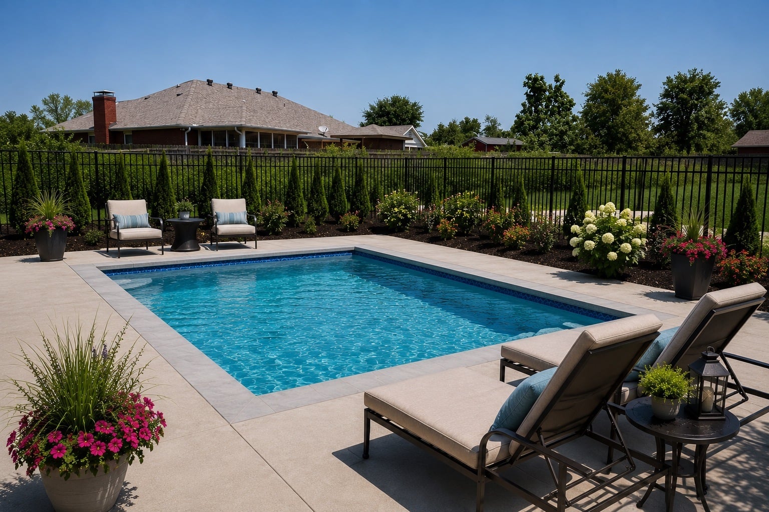 A pool surrounded by chairs and plants.