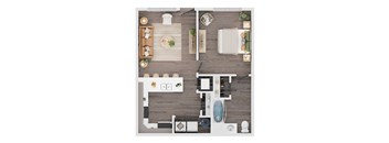 A top-down view of a modern apartment layout with a kitchen, living room, and bathroom.