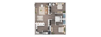 A top-down view of a well-organized living space with a kitchen, dining area, and bathroom.