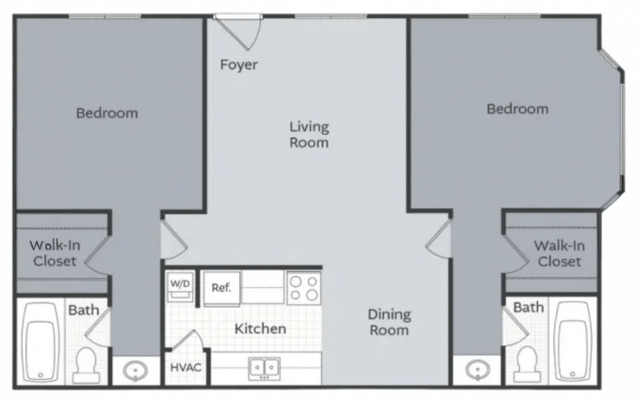 A floor plan of a home with two bedrooms, a living room, a kitchen, a dining room, and two bathrooms.