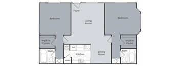 A floor plan of a home with two bedrooms, a living room, a kitchen, a dining room, and two bathrooms.