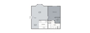 A floor plan of a home with a living room, dining room, kitchen, bath, bedroom, and walk-in closet.