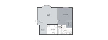 A floor plan of a house with a living room, dining room, kitchen, bath, bedroom, and closet.