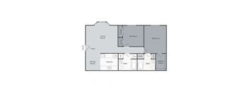 A floor plan of a house with a living room, two bedrooms, a dining room, a kitchen, two bathrooms, a foyer, a walk-in closet, a laundry room, a reference room, and an