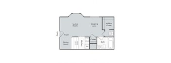 A floor plan of a house with a living room, dining room, kitchen, bathroom, and sleeping area.