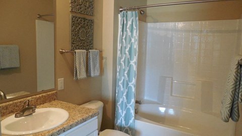 A bathroom with a sink, toilet, and shower.