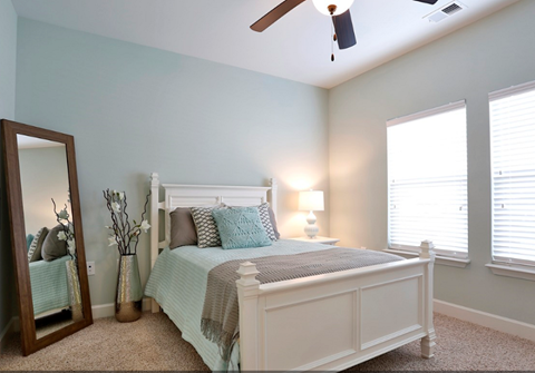 A bedroom with a bed, a mirror, and a ceiling fan.
