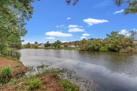 A serene lake surrounded by lush greenery under a clear blue sky.
