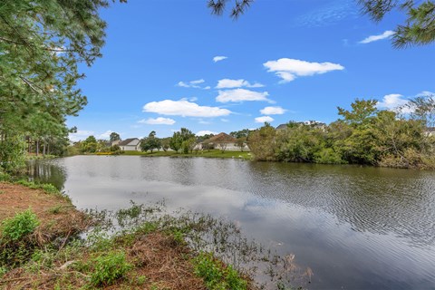 A serene lake surrounded by lush greenery under a clear blue sky.