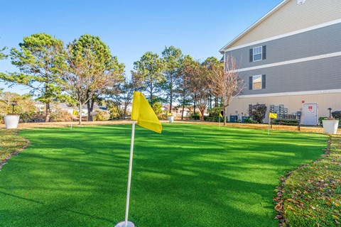 A yellow flag on a pole in a green lawn.
