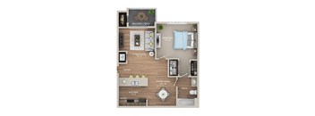 A floor plan of a small apartment with a living room, dining room, kitchen, bathroom, and bedroom.