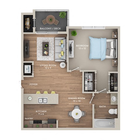 A floor plan of a small apartment with a living room, dining room, kitchen, bathroom, and bedroom.