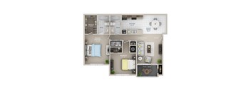 A floor plan of a small apartment with a living room, kitchen, and bedrooms.
