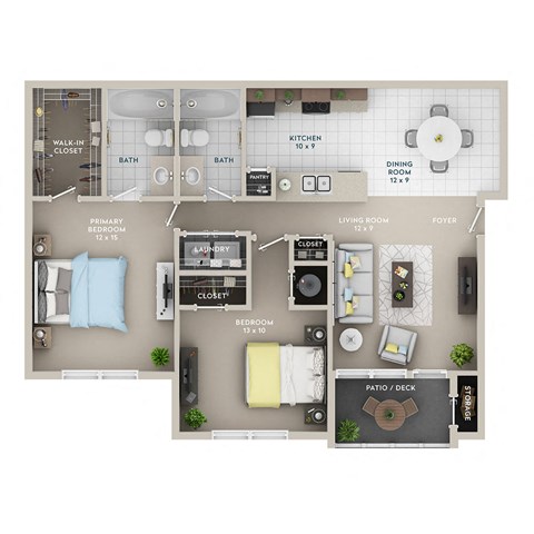 A floor plan of a small apartment with a living room, kitchen, and bedrooms.