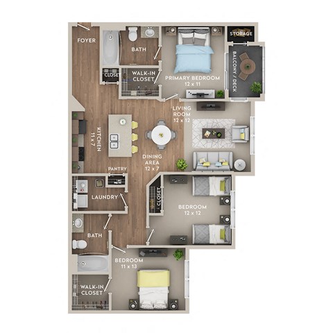 A floor plan of a house with a living room, dining room, kitchen, and multiple bedrooms.