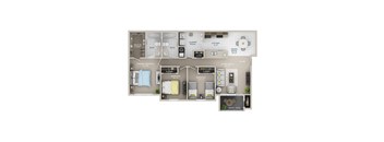 A floor plan of a house with a living room, dining room, kitchen, and multiple bedrooms.