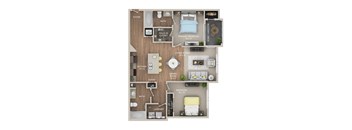 A floor plan of a small apartment with a living room, kitchen, and two bedrooms.