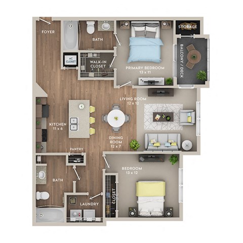 A floor plan of a small apartment with a living room, kitchen, and two bedrooms.