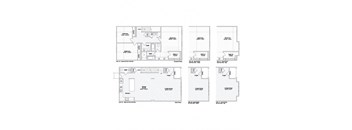 A set of four floor plans for a house with different configurations of bedrooms and living rooms.
