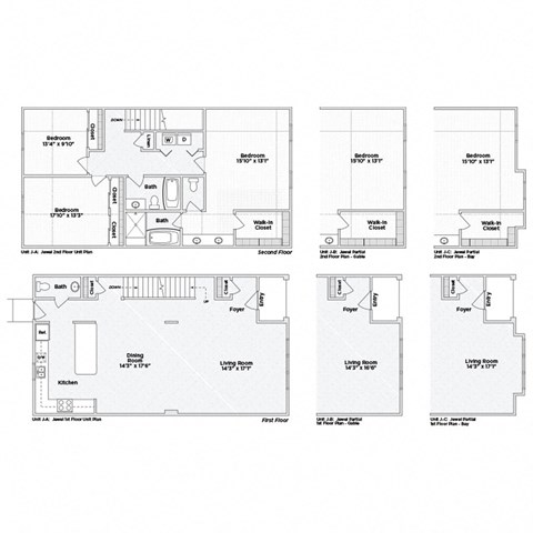 A set of four floor plans for a house with different configurations of bedrooms and living rooms.